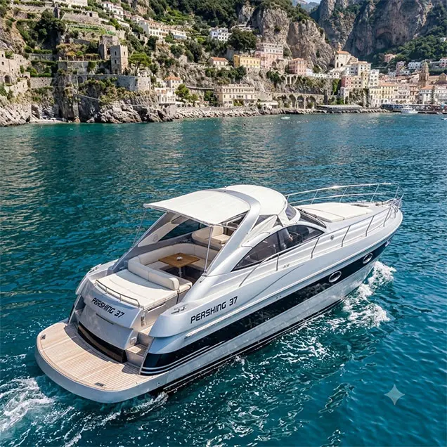A high-angle diagonal aerial view of a luxury Pershing 37 motor yacht cruising through the turquoise waters of Amalfi during a private boat charter.